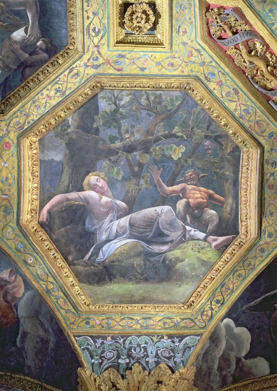 Psyche sleeping in the valley of Cupid, ceiling caisson from the Sala di Amore e Psiche, 1528 by Giulio Romano