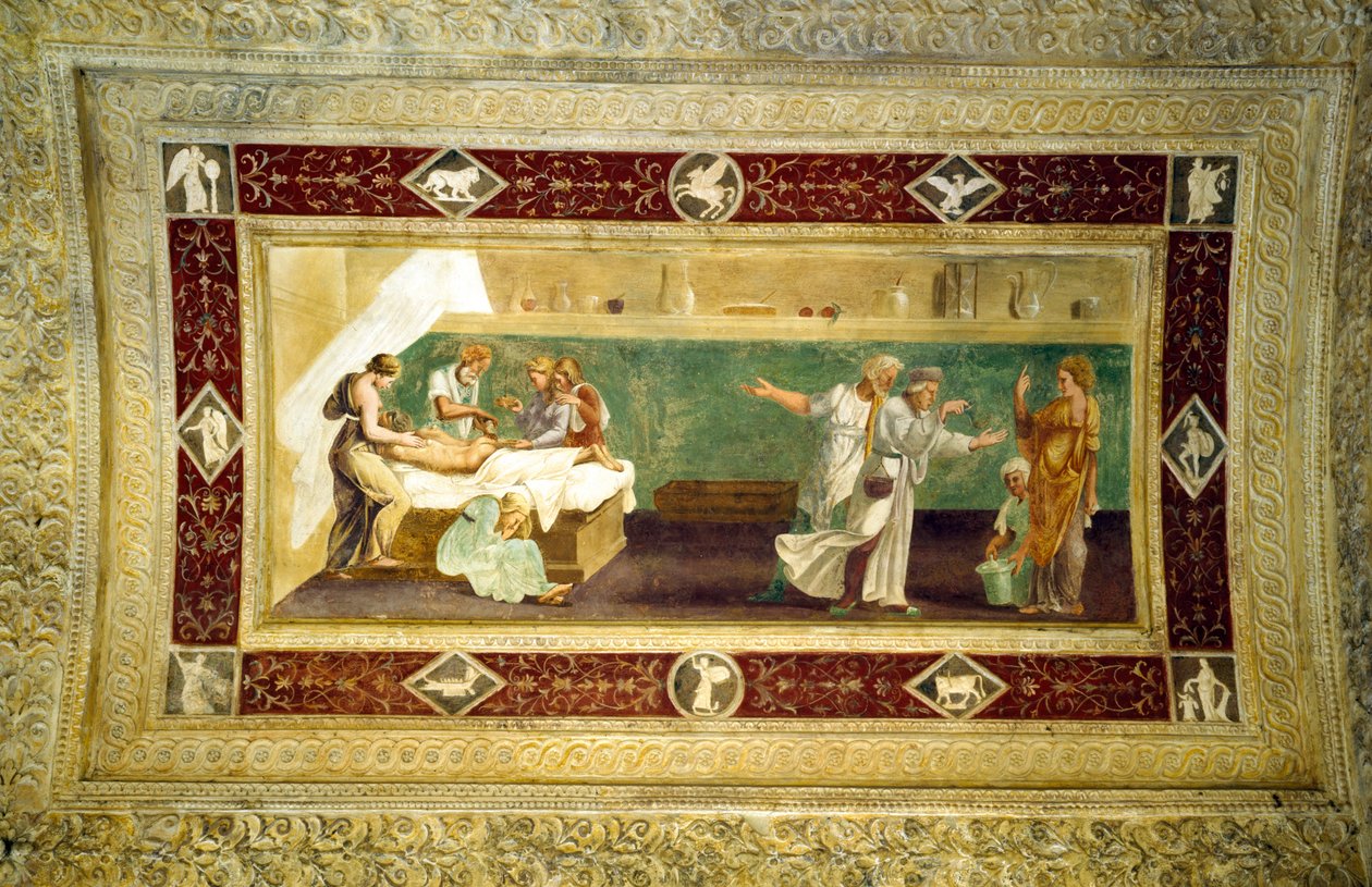 Scene of a doctor attending a sick man, ceiling painting from the Giardino Segreto by Giulio Romano