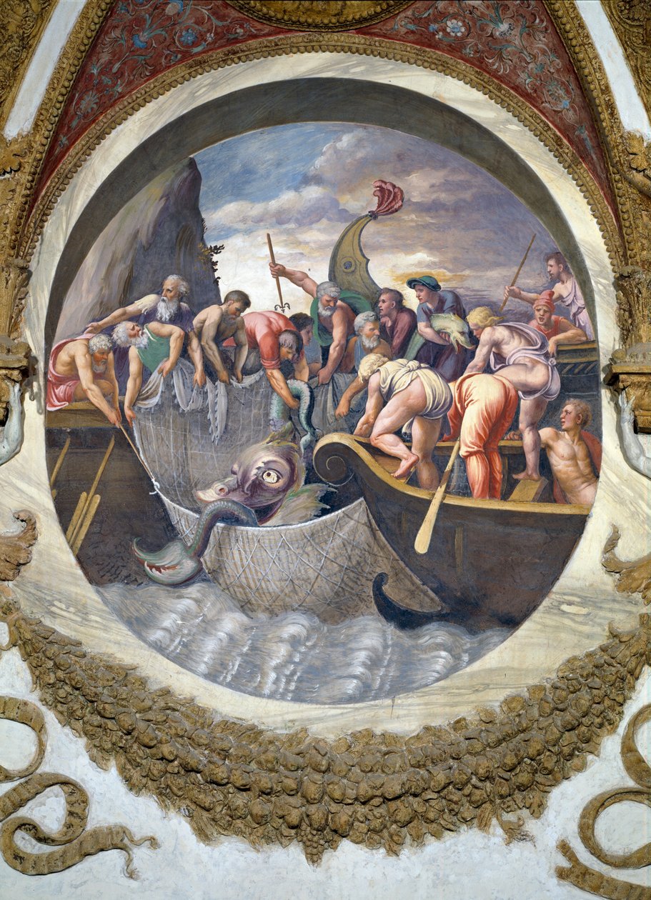 Scene showing those born under the sign of Pisces adept at fishing, symbolized by the capture of a sea monster, from the Camera dei Venti by Giulio Romano