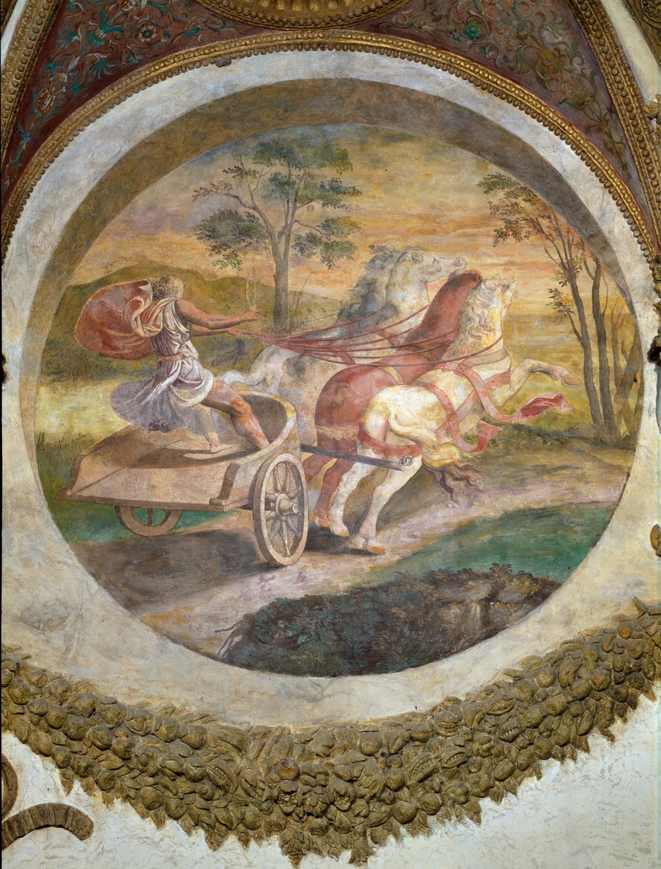 Scene showing that those born under the sign of Scorpio in conjunction with the constellation of the Centaur will be adept at horse-driving, symbolised by a chariot driver, from the Camera dei Venti by Giulio Romano