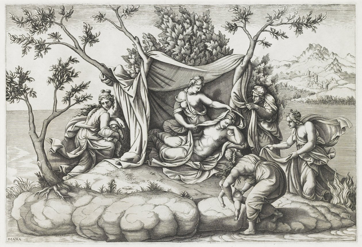 Latona Giving Birth to Apollo and Diana, engraved by Diana Mantovana by Giulio (after) Romano