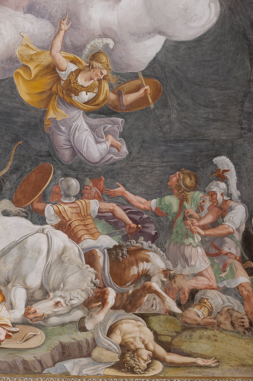 A Battle, (detail) The Trojan Horse, Chamber of Troy (Sala di Troia) by Giulio (and workshop) Romano