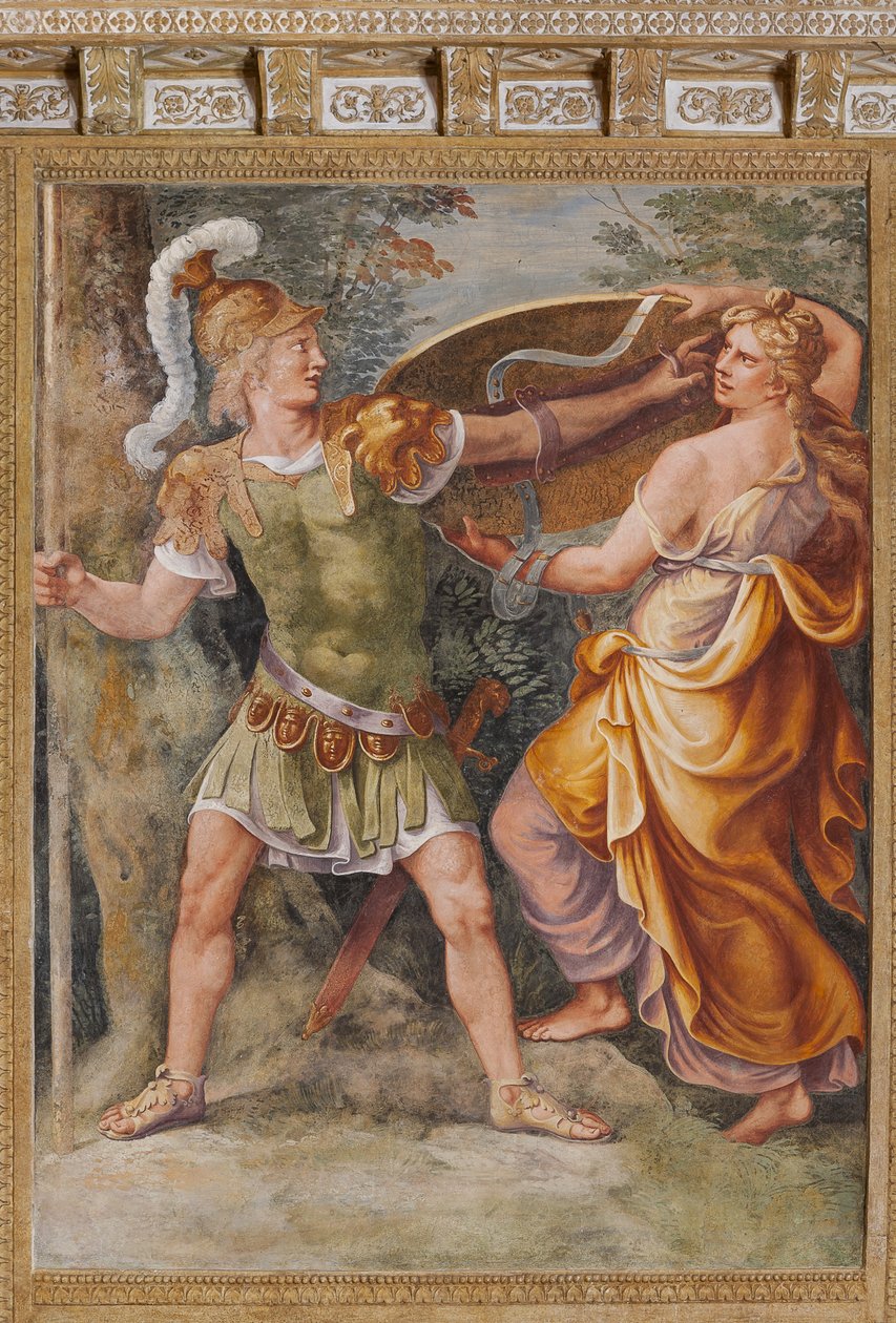 Thetis Giving Achilles the Weapons Forged by Hephaestus, The Trojan Horse, Chamber of Troy by Giulio (and workshop) Romano