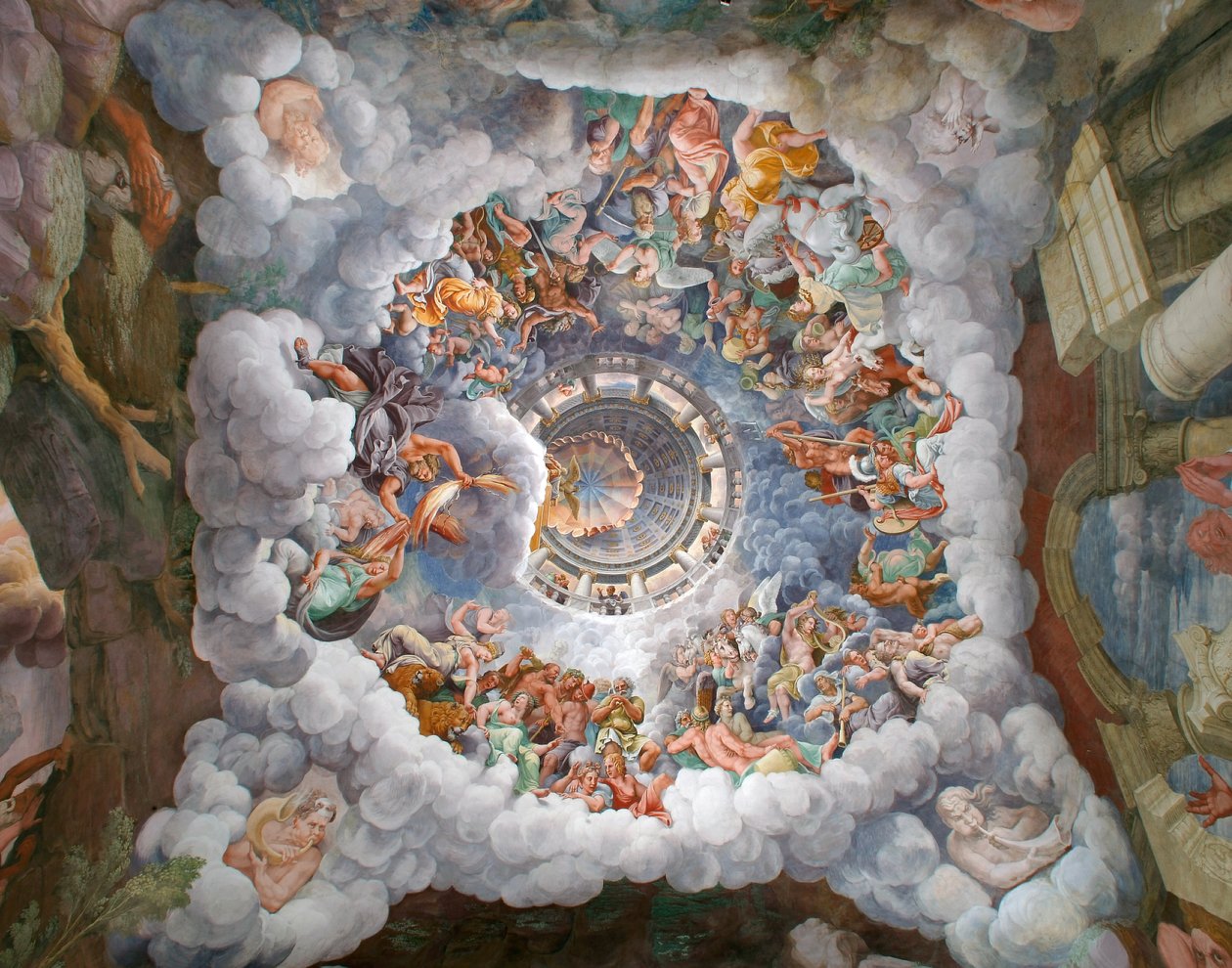 Zeus Surrounded by Other Gods of Olympus Throwing Lightnings Against the Giants and Destructing Them, Chamber of the Giants by Giulio (and workshop) Romano