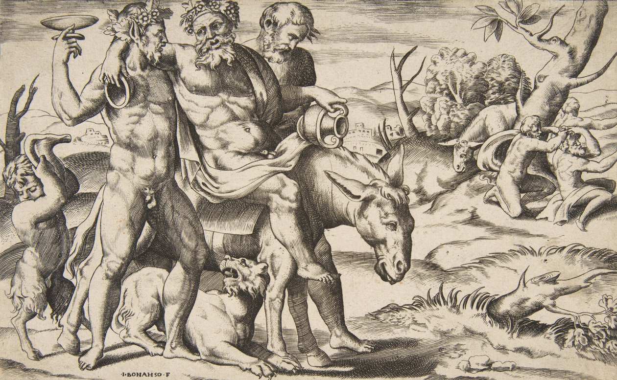A drunken Silenus riding an ass being supported by satyrs by Giulio Bonasone