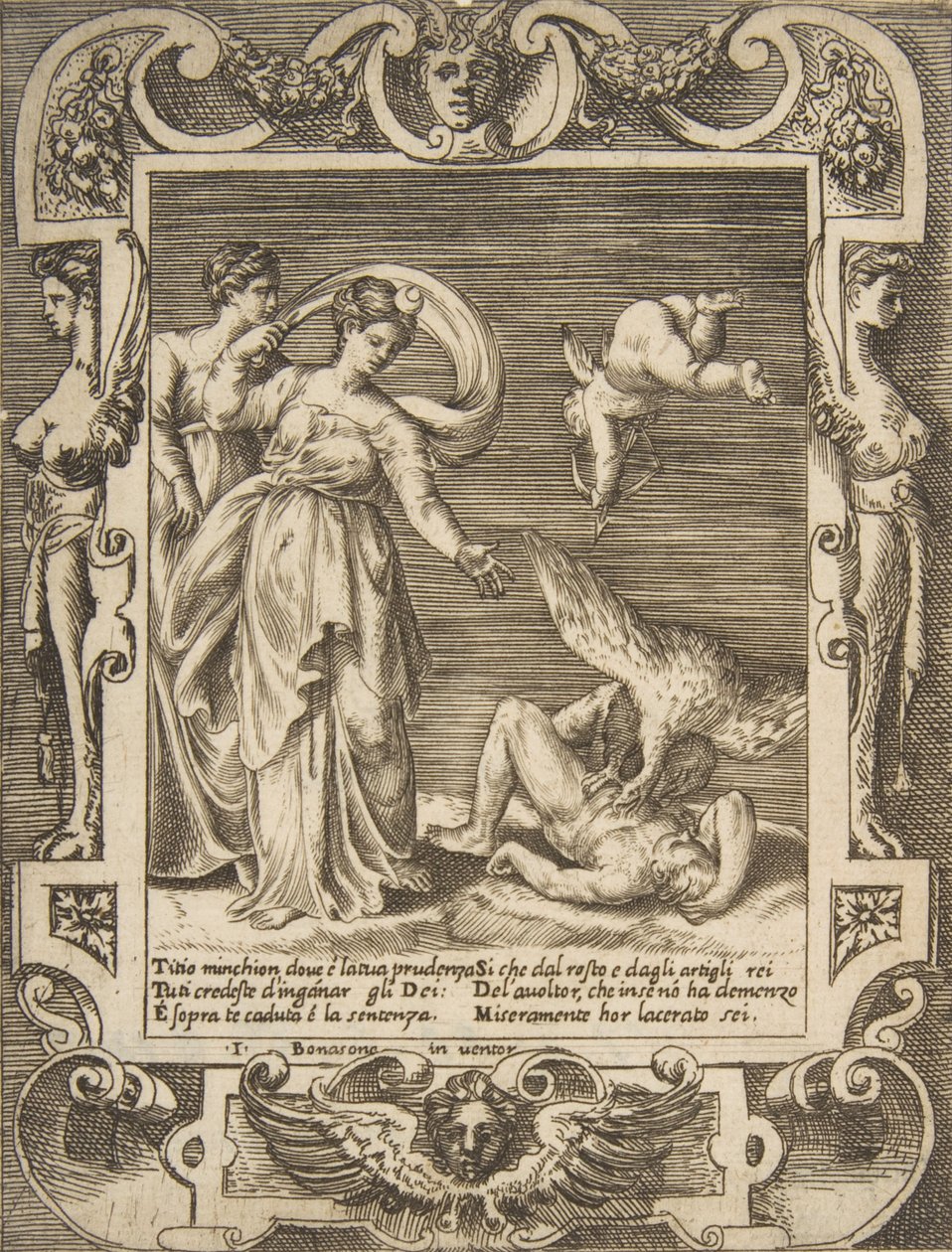 A vulture eating the innards of Titius, Cupid above two women to the left, set within a frame, 1531-76 by Giulio Bonasone