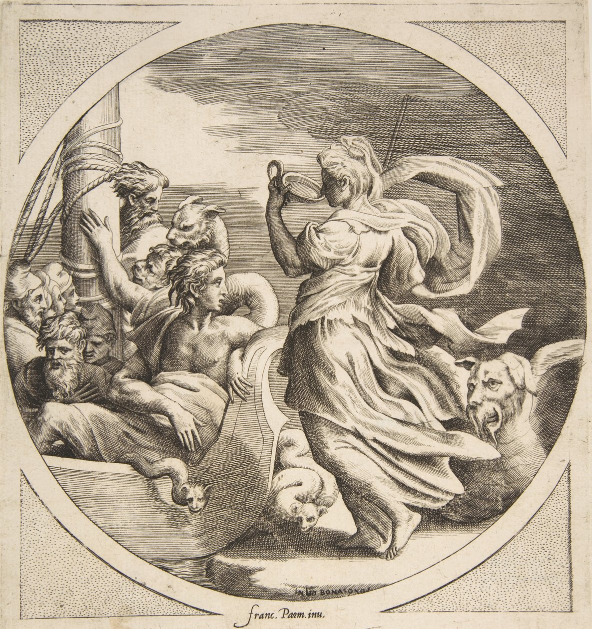 Circe drinking from a cup with the companions of Ulysses in a boat at left by Giulio Bonasone