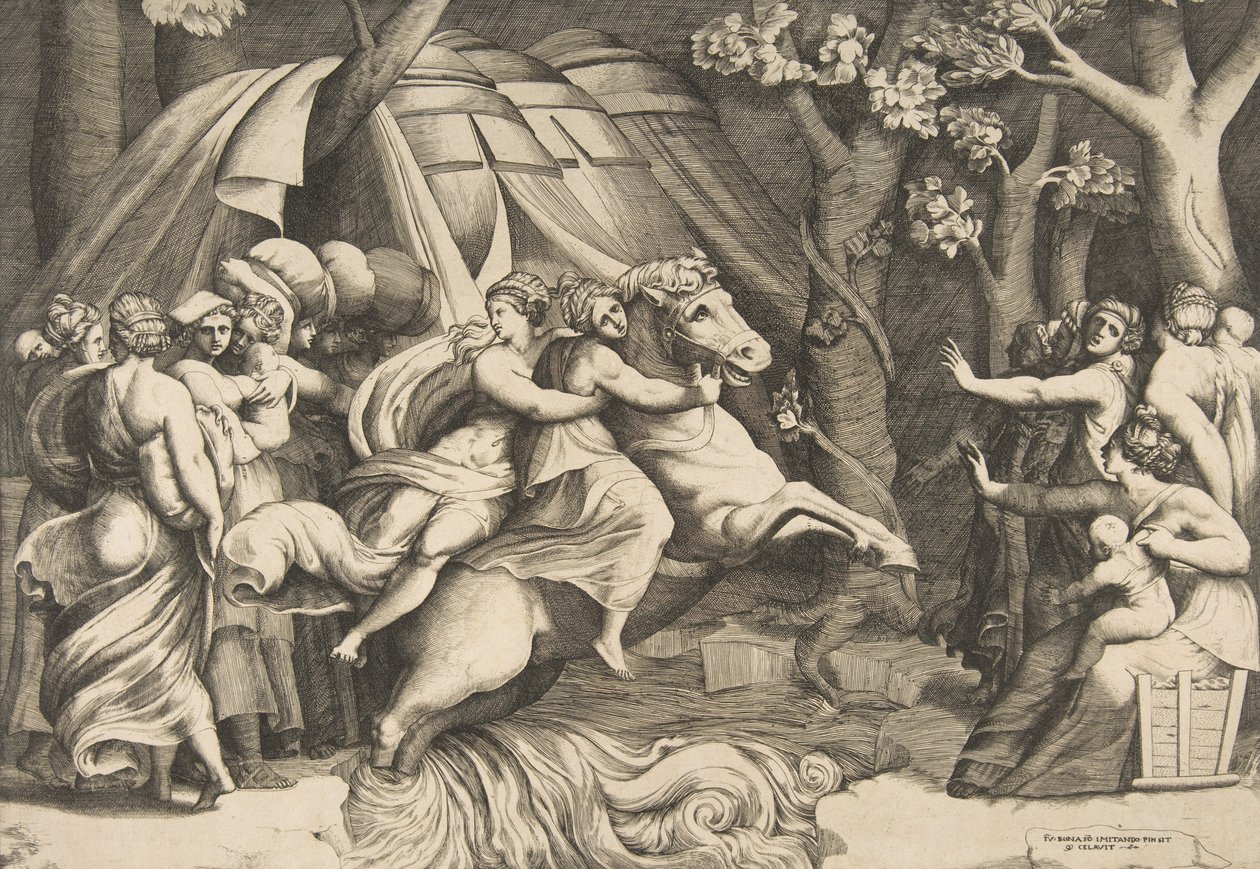 Cloelia on horseback crossing the Tiber, ca. 1540-60 by Giulio Bonasone