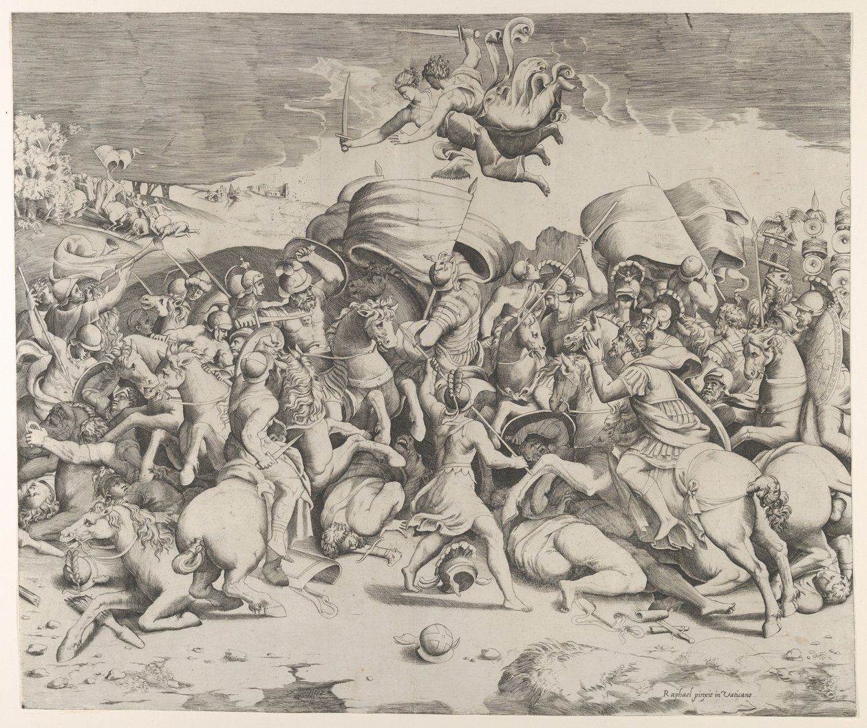 Constantine defeating the tyrant Maxentius, angels carrying swords fly above, 1544 by Giulio Bonasone