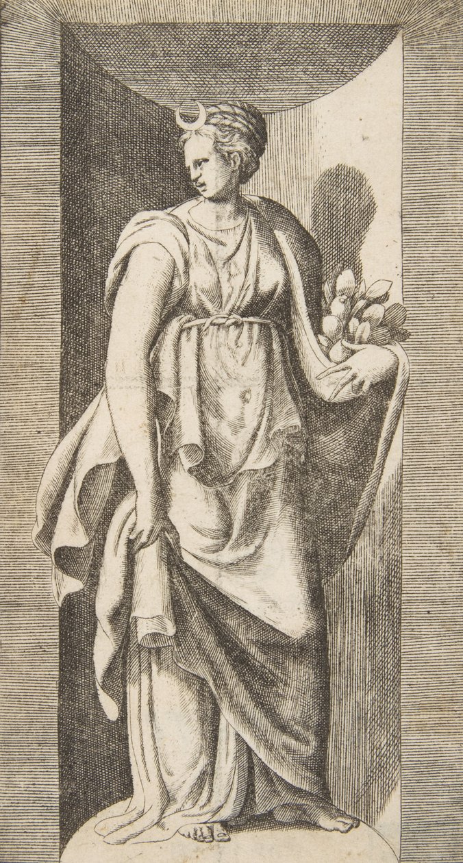 Diana Holding Fruit in Her Left Hand Standing Within a Niche by Giulio Bonasone