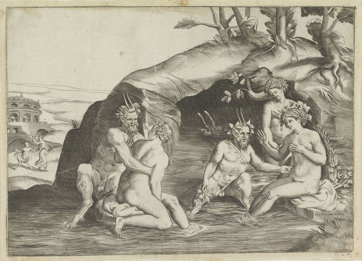 Three Nymphs and Two Satyrs Bathing by Giulio Bonasone