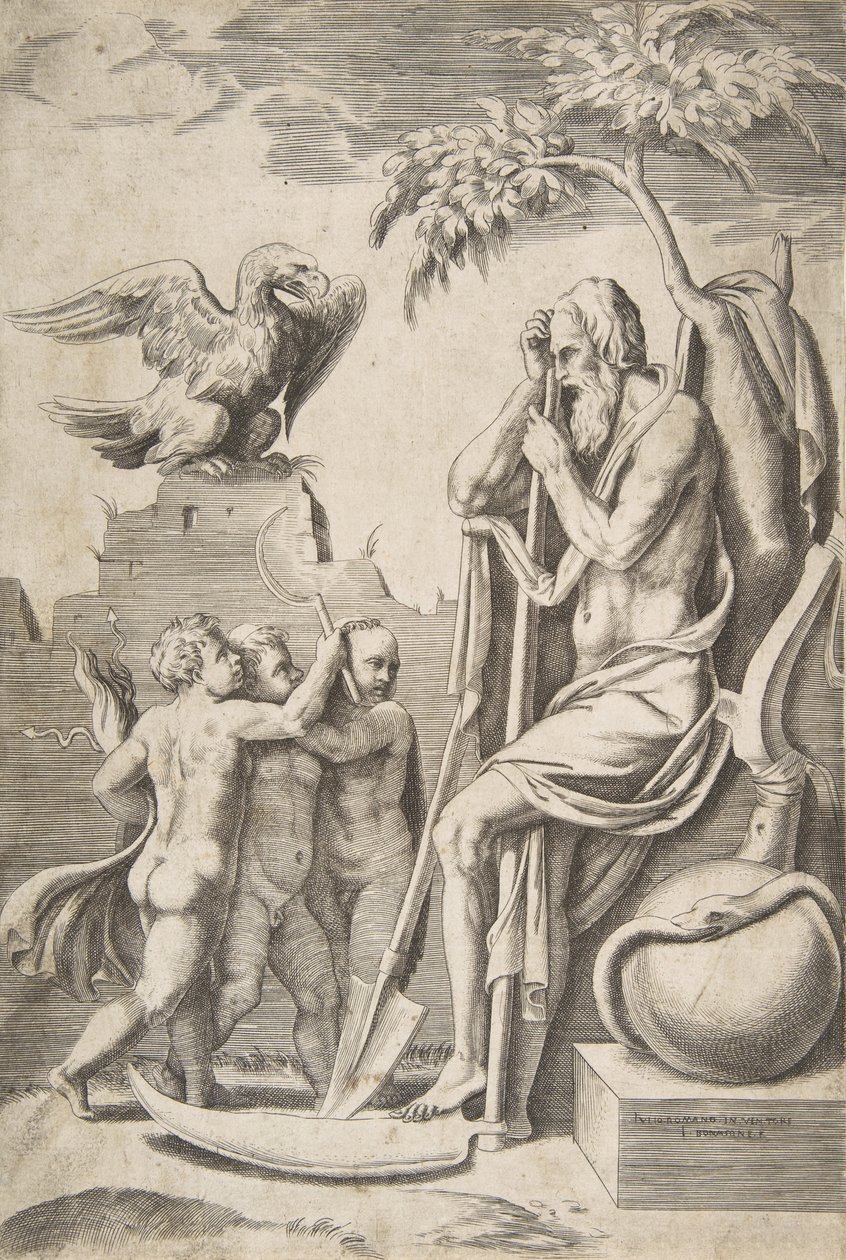 Father Time at the right leaning on a scythe, three naked boys and eagle at the left by Giulio Bonasone