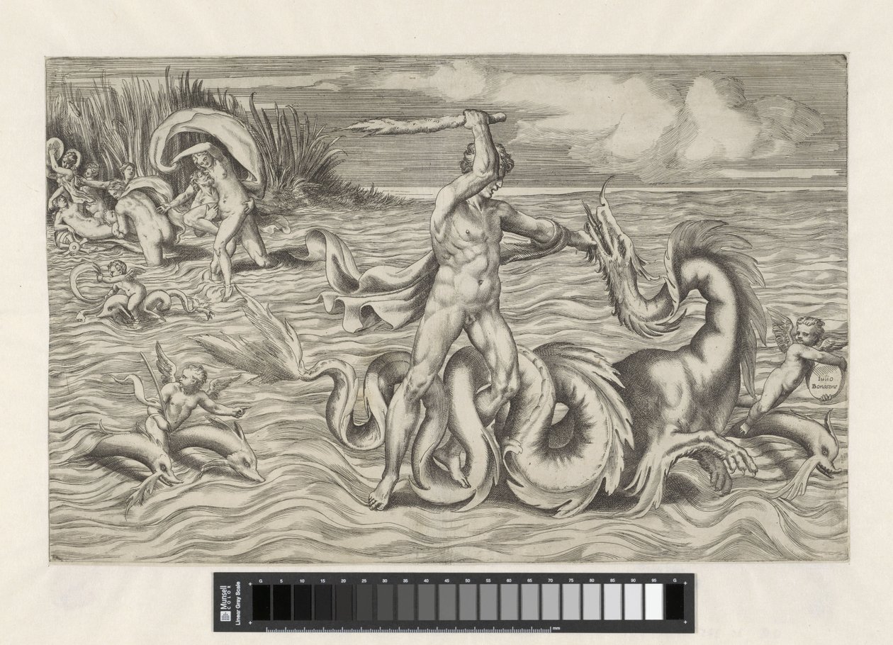 Hercules Wrestling Achelous by Giulio Bonasone