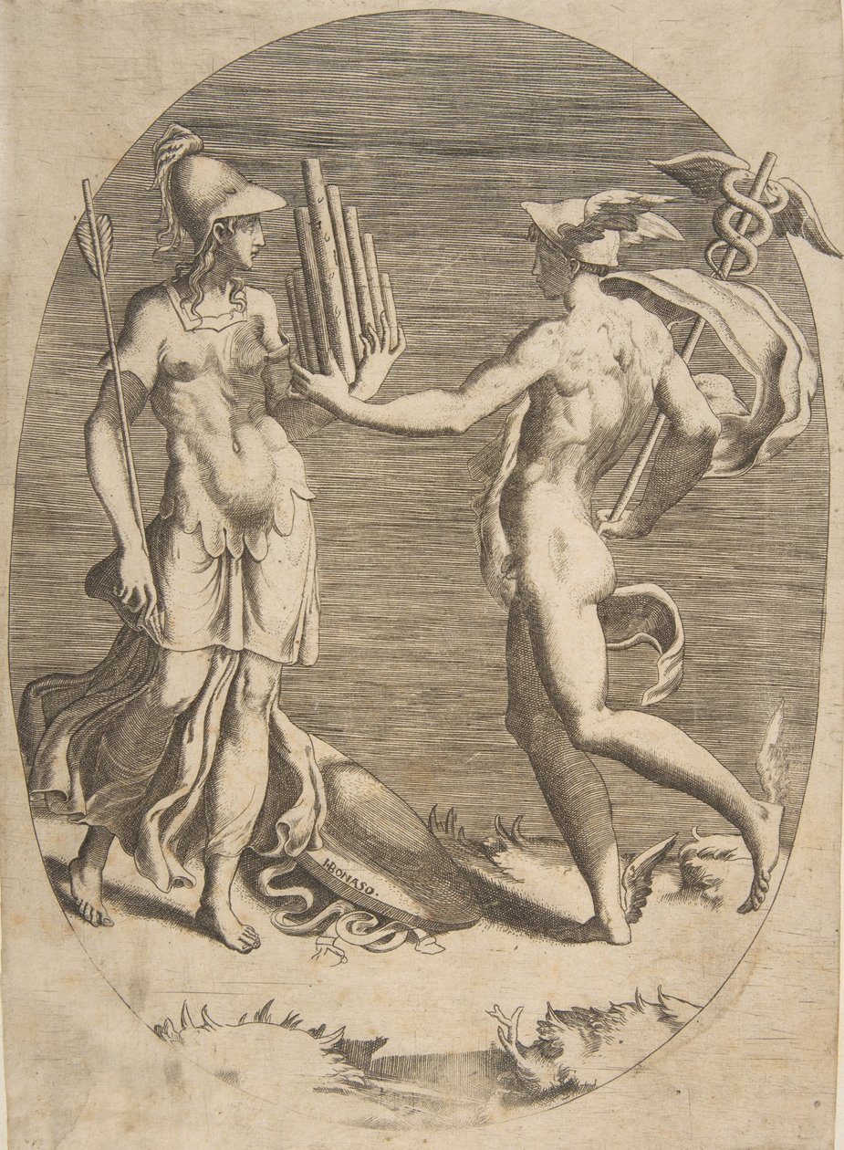 Mercury Presenting a Panpipe to Minerva by Giulio Bonasone