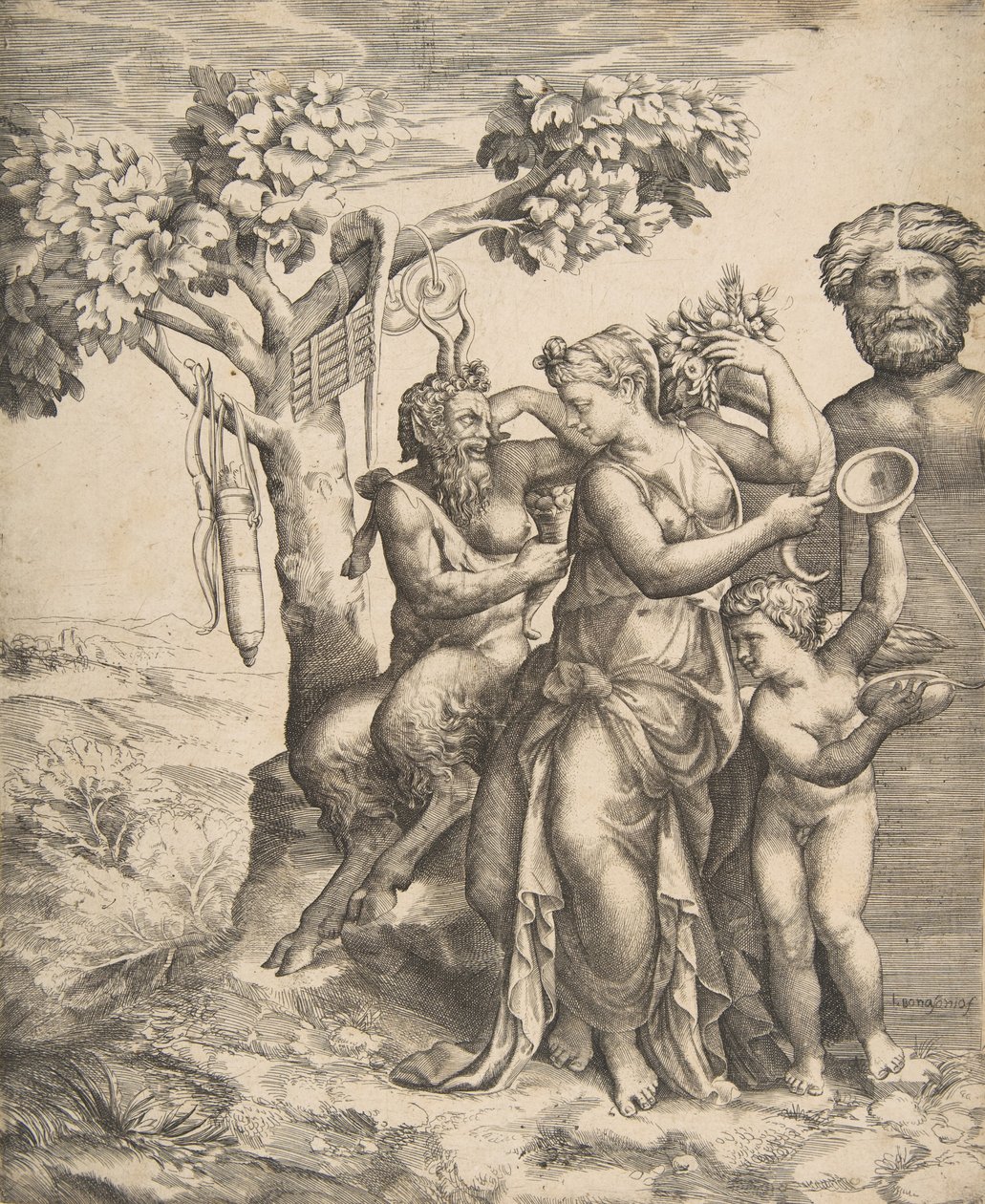 Pan at the left seated next to a standing nymph, to the right Cupid holding cymbals, 1531-76 by Giulio Bonasone