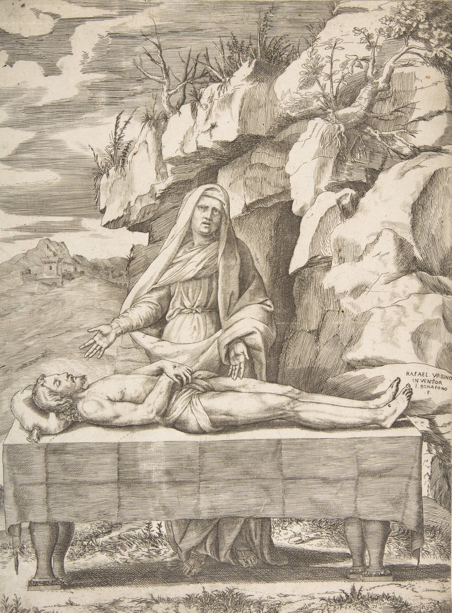 Pieta, Christ stretched out on a table in a landscape, the Virgin standing behind arms, 1531-76 by Giulio Bonasone