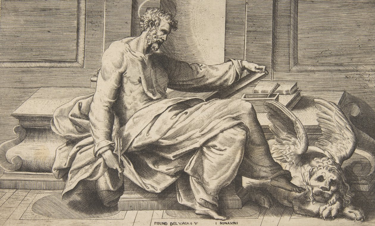 Saint Mark writing his Gospel, a winged lion at the right by Giulio Bonasone