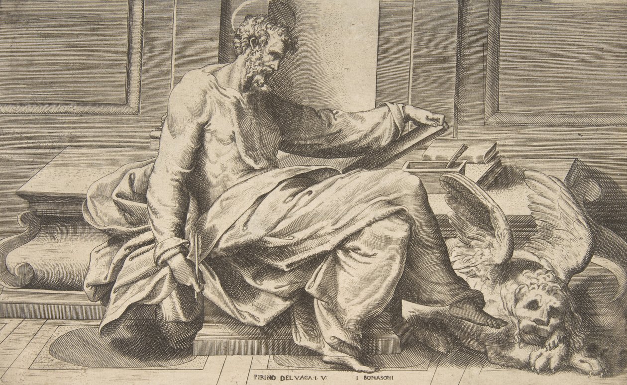 Saint Mark writing his gospel, winged lion at the right by Giulio Bonasone