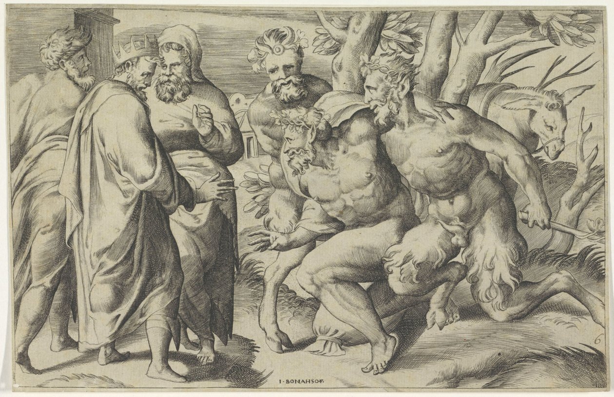 Two Satyrs Bring Silenus to King Midas by Giulio Bonasone