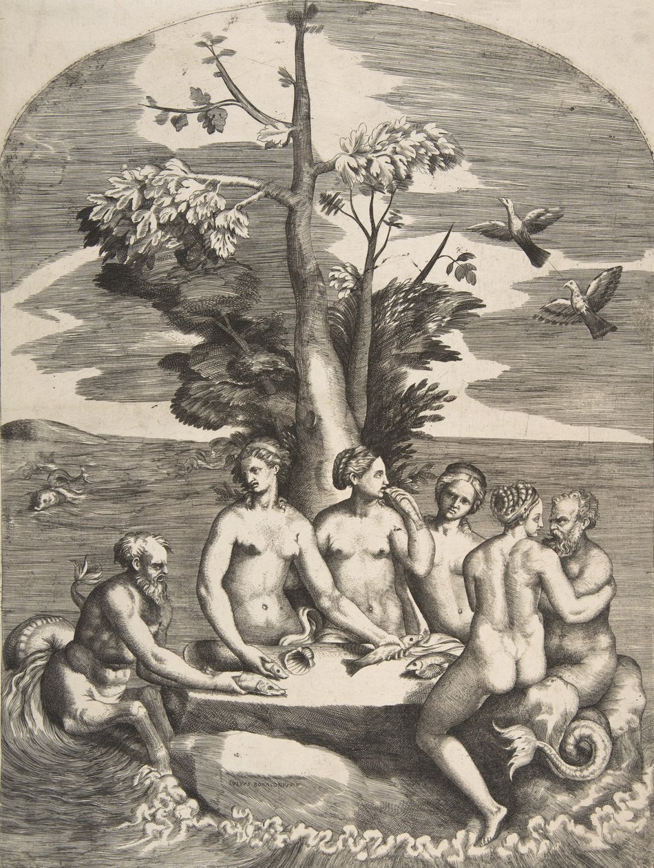 Two sea gods accompanied by four nymphs, 1531-76 by Giulio Bonasone