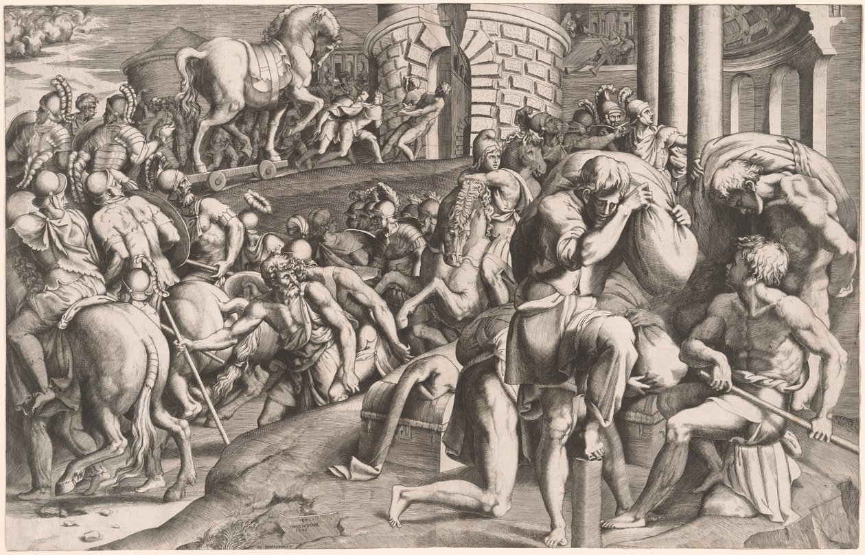 The Trojans Hauling the Wooden Horse into Troy by Giulio Bonasone, after Francesco Primaticcio