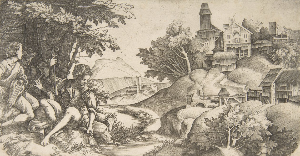 At left four shepherds with musical instruments seated under a group of trees, ca. 1517 by Giulio Campagnola