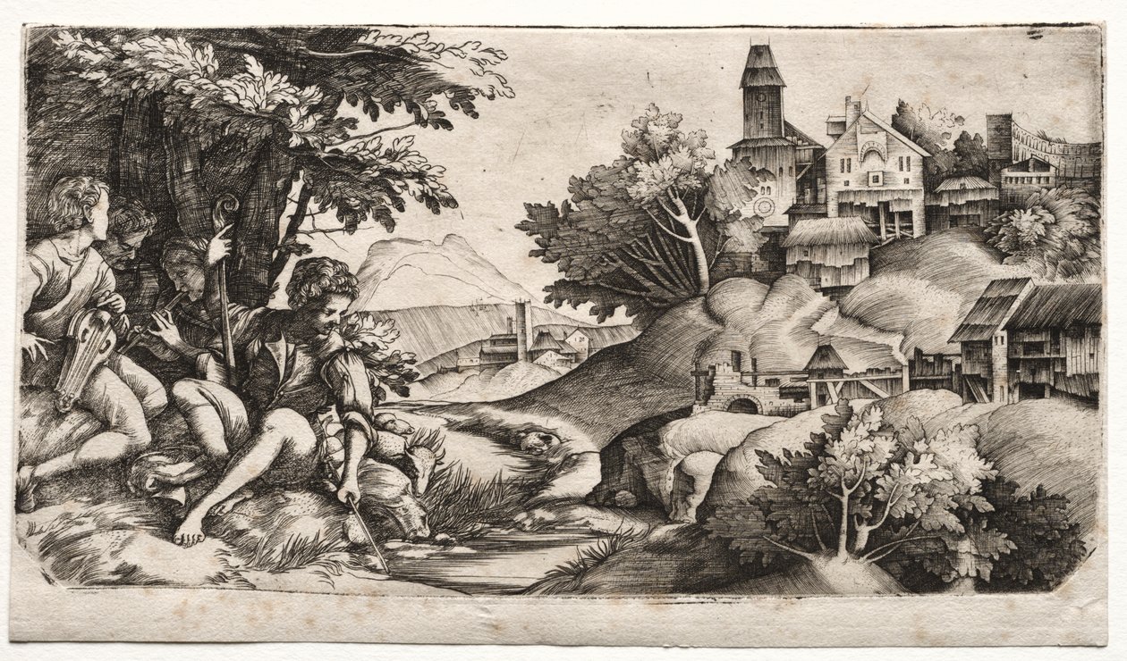 Shepherds in a Landscape by Giulio Campagnola