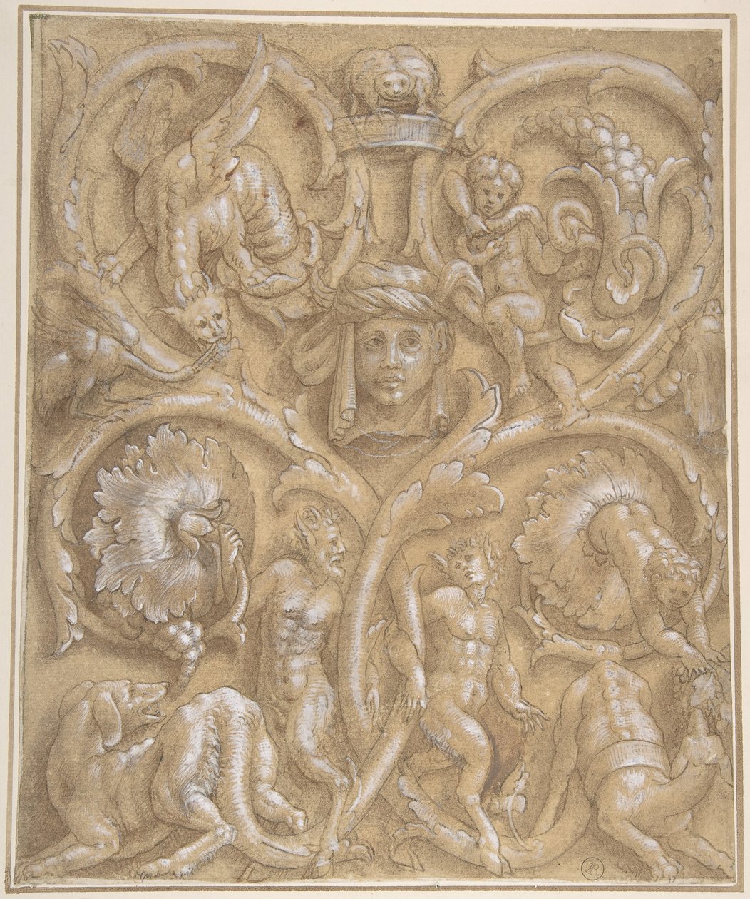 Design for an Ornamental Panel with Rinceaux, Satyrs, Putti, Monsters and a Human Head, 1535-45 by Giulio Campi.
