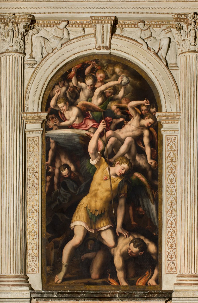 North Transept, Altar of St. Michael the Archangel, Archangel Michael Killing the Evil One, Giulio Campi 1566 by Giulio Campi