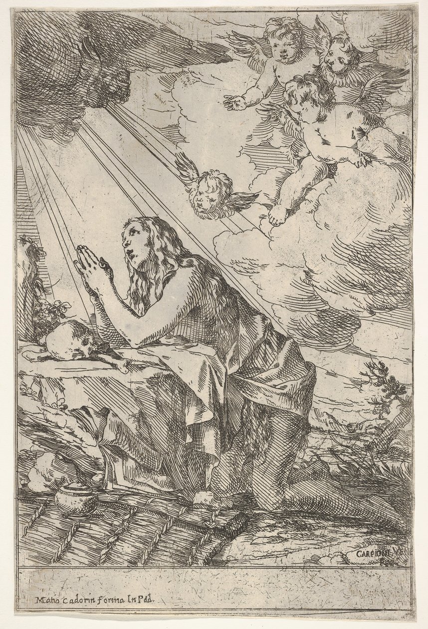 Penitent Magdalen Kneeling on a Rocky Ground Before a Skull and Bones, an Ointment Jar by Giulio Carpioni