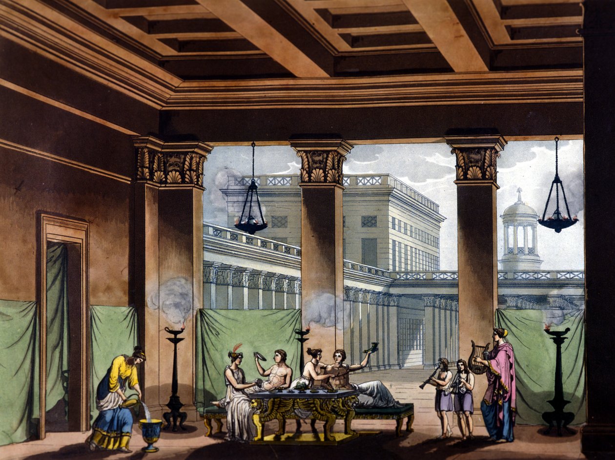 Triclinium Lit Oil Lamps in Ancient Greece: Banquet Scene - in 