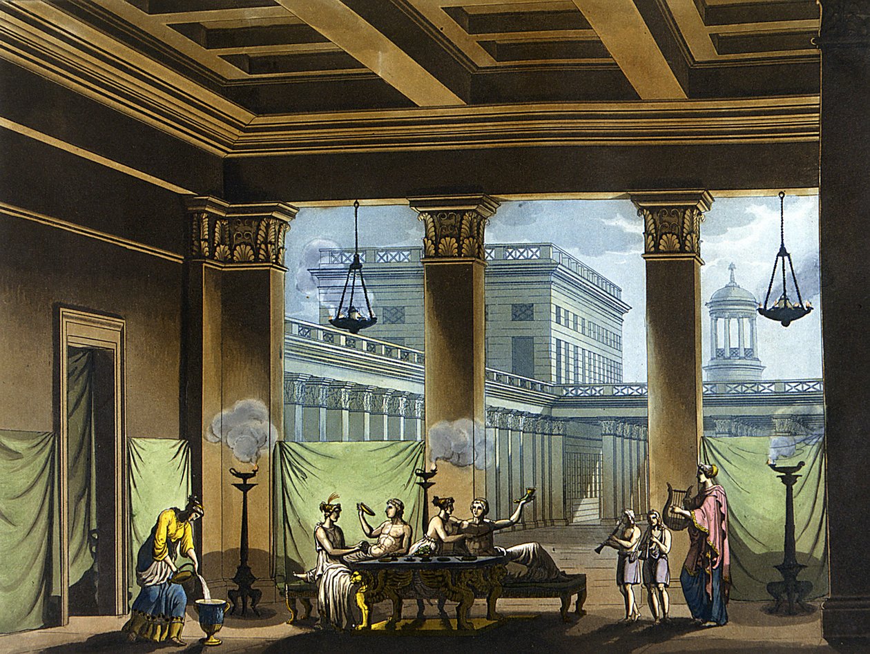 Triclinium lit with oil lamps in ancient Greece: banquet scene - in The Old and Modern Costume by Jules Ferrario, ed. Milan by Giulio Ferrario