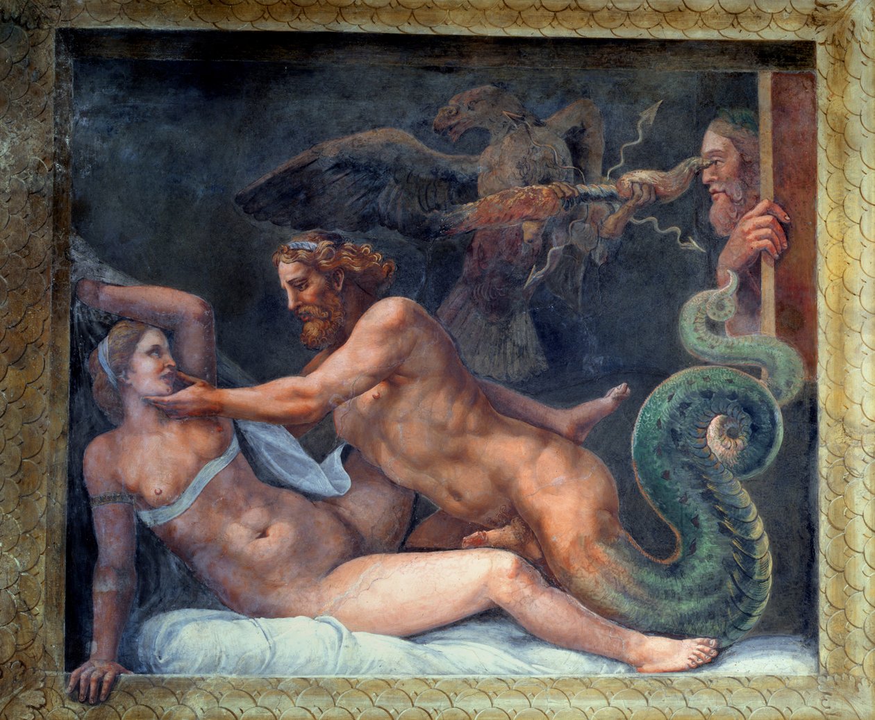 Olympia is Seduced by Jupiter, Whose Thunderbolt is Seized by an Eagle Who Drills the Eye of the Jealous King of Macedonia, from the Sala di Amore e Psiche, 1528 by Giulio Romano