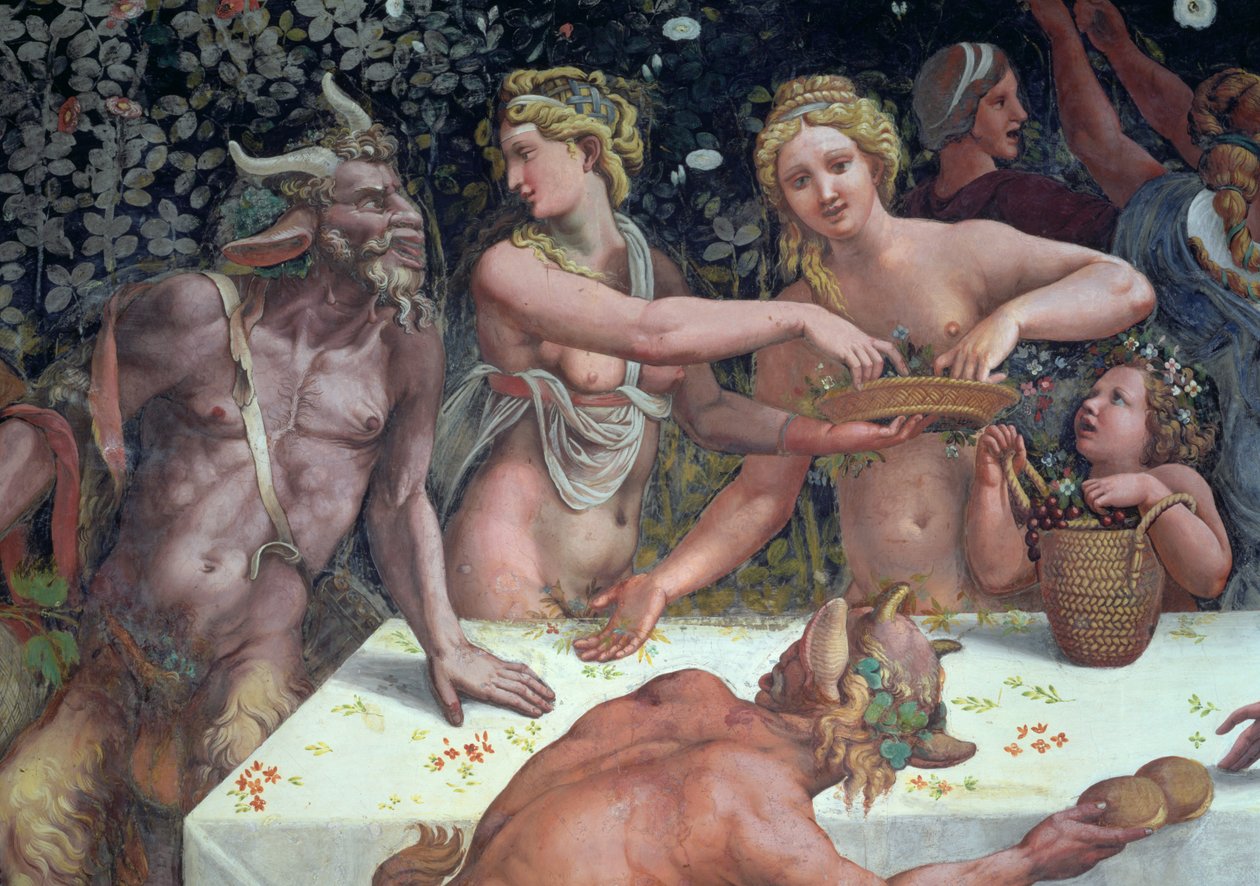Two Horae scattering flowers, watched by two satyrs: (detail) by Giulio Romano