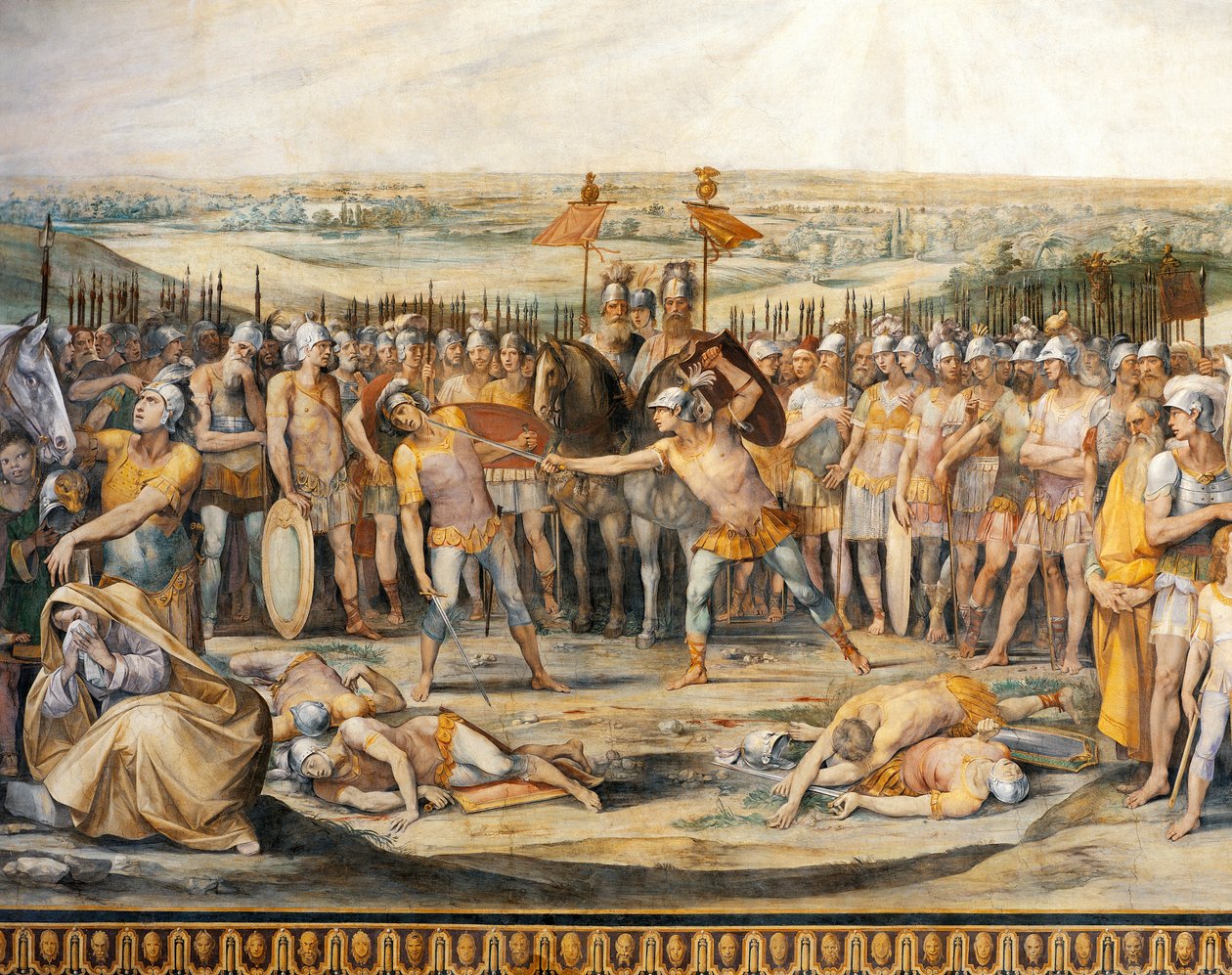 Combat between Horatii and Curiatii, by Giuseppe Cesari, fresco, Hall of Horatii and Curiatii, Conservatories Palace, Rome, Roman Kingdom, Italy by Giuseppe Cesari