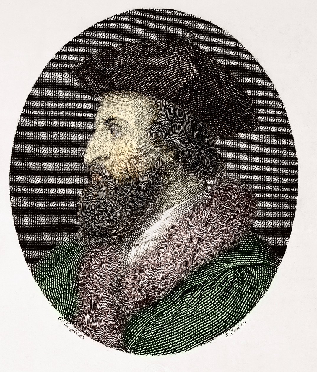 Portrait of the Italian Doctor, Poet and Humanist Girolamo Fracastoro (Hieronymus Fracastorius or Jerome Fracastor) (1478/83-1553) Engraving by Giuseppe (after) Longhi