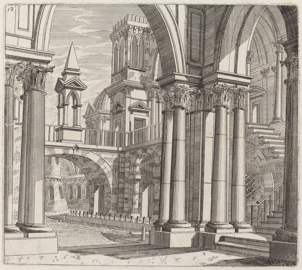 Architectural Fantasy with Buildings, Stairways, and Portals beside a Canal by Giuseppe Antonio Landi
