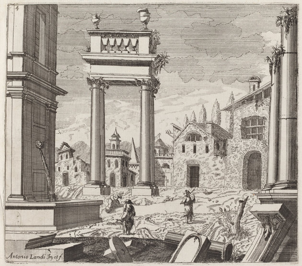 Architectural Fantasy with Classical Ruins and Vernacular Buildings by Giuseppe Antonio Landi