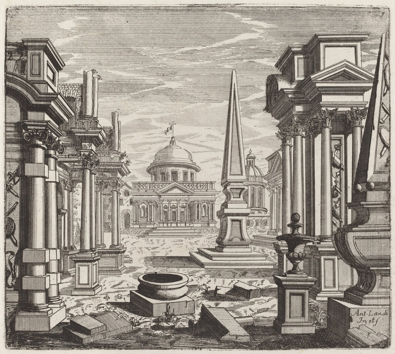 Architectural Fantasy with Obelisks, Ruins, and a Piazza by Giuseppe Antonio Landi