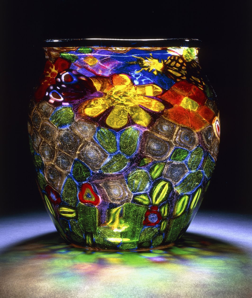 A Murrhine glass vase, with four butterflies, flowers and leaves, c.1918 by Giuseppe Barovier