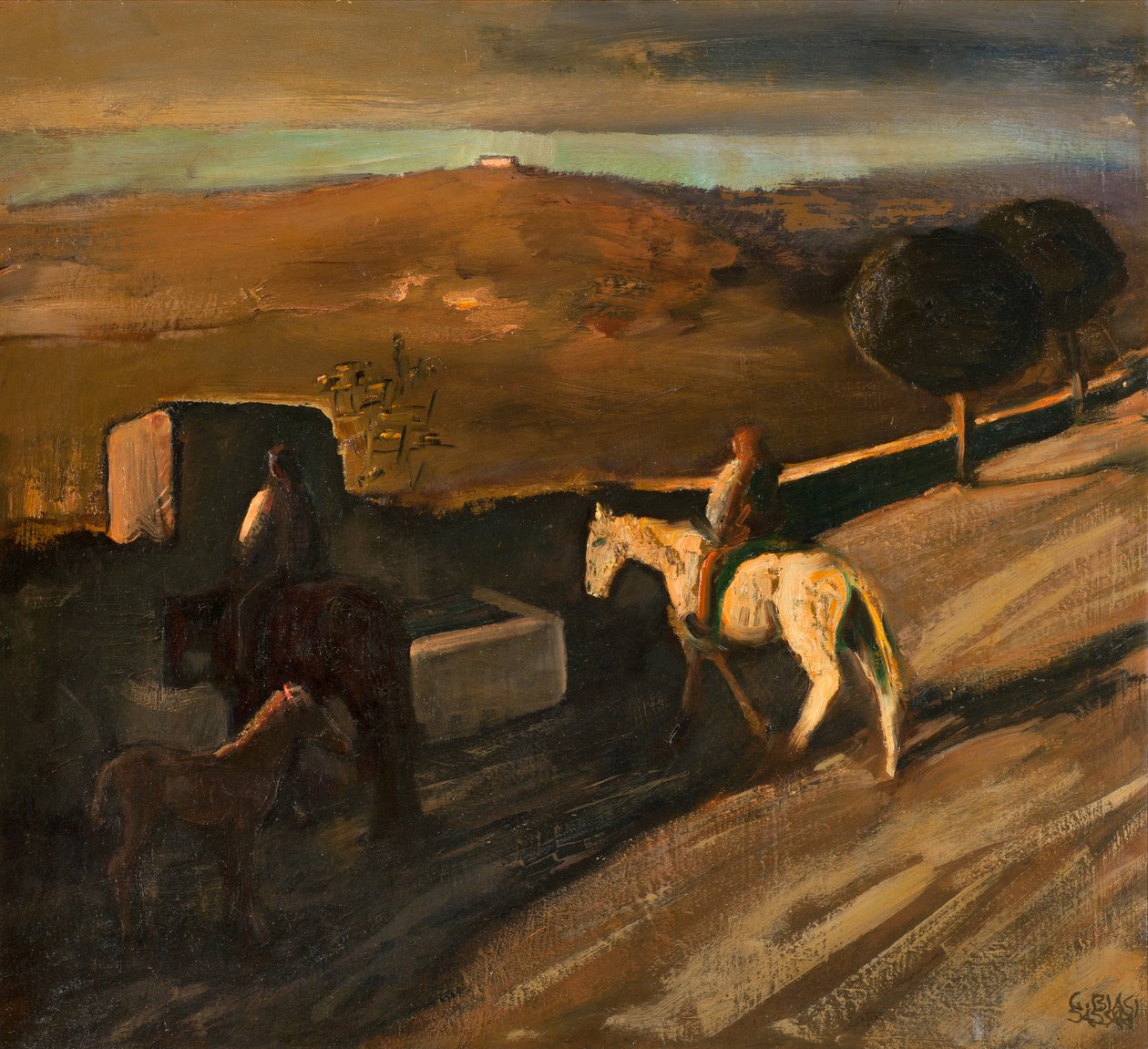 White horse at the watering hole by Giuseppe Biasi