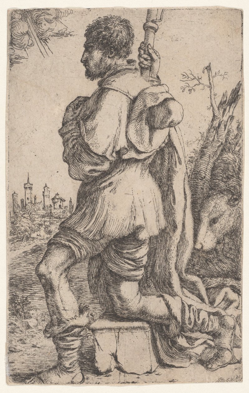 Saint Roch, Kneeling on a Stone, Seen from the Side with His Dog Behind Him, 1620-30 by Giuseppe Caletti
