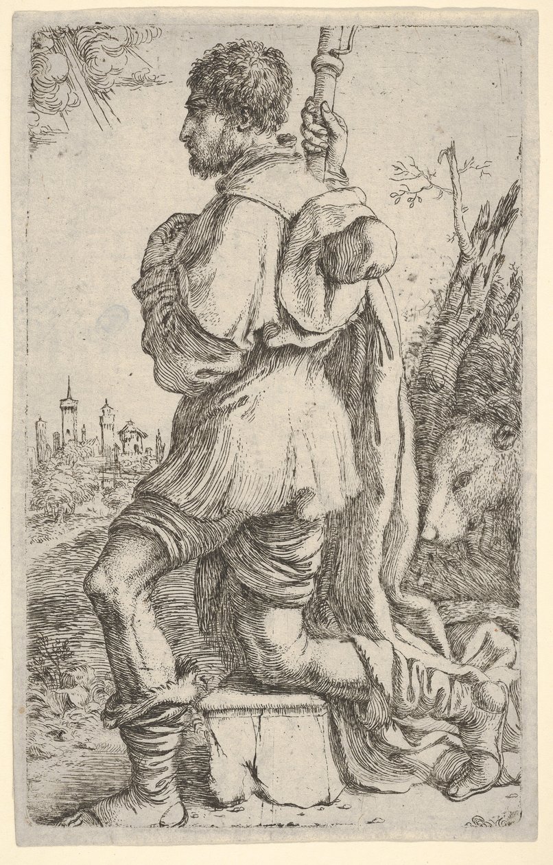Saint Roch, kneeling on a stone, seen from the side with his dog behind him and a townsman by Giuseppe Caletti