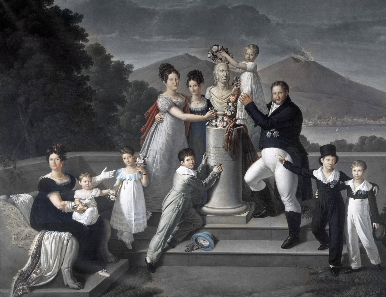 Family of King Francesco I of the Two Sicilies. From left to right: Maria Isabella di Borbone-Spain, Maria Carolina Ferdinanda, Maria Antonietta Grand Duchess di Toscana, Luisa Carlotta, Maria Cristina Queen of Spain, Ferdinand by Giuseppe Cammarano