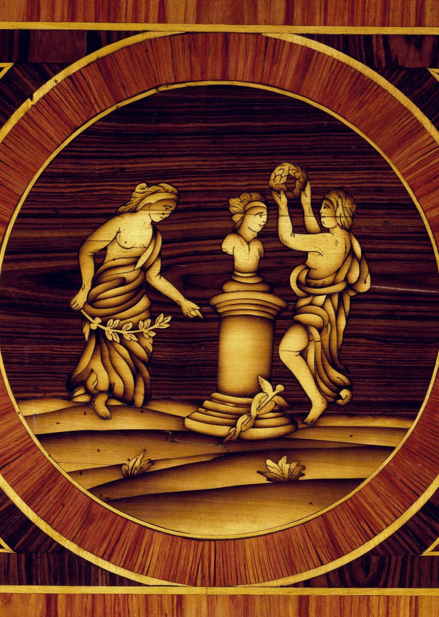 Propitiatory ritual at herm of Mercury, detail from chest of drawers in walnut, maple, boxwood, olive, rose and rosewood, by Giuseppe Maggiolini, Italy by Giuseppe Maggiolini