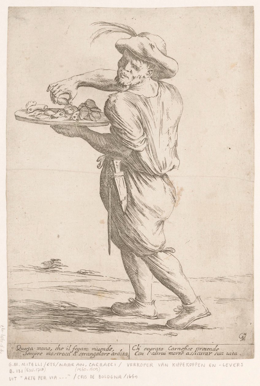 Street Vendor of Chicken Heads and Livers (series title: Street Vendors in Bologna) by Giuseppe Maria Mitelli