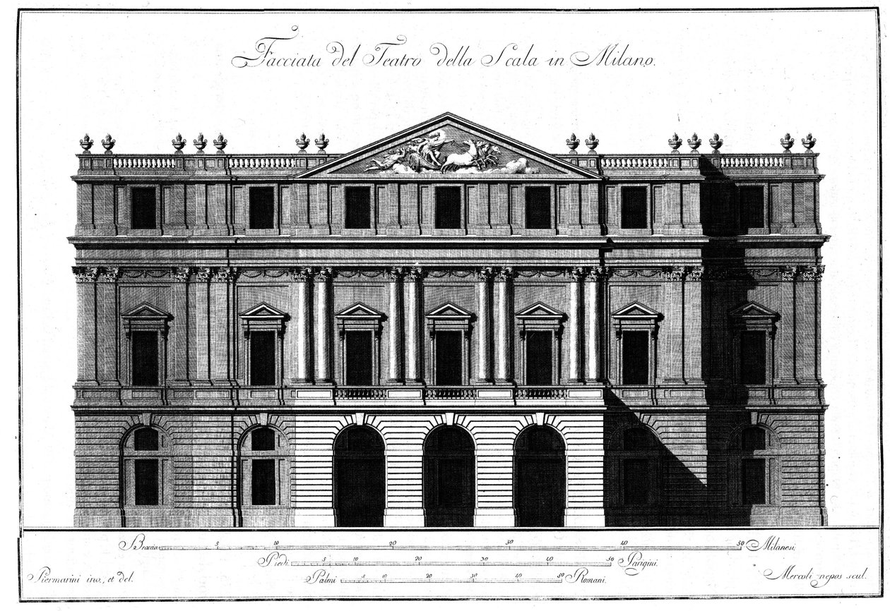 Drawing of the exterior architecture of the facade of the Teatro alla Scala (Theatre de la Scala) in Milan realized by Giuseppe Piermarini (1734-1808) by Giuseppe Piermarini