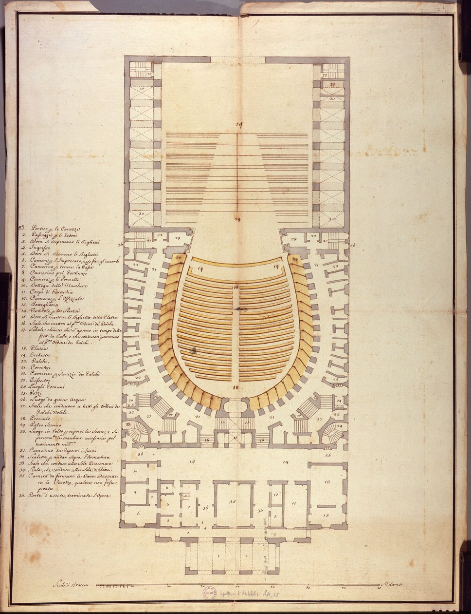 Original Drawing of the Interior Architecture of the Teatro alla Scala by Giuseppe Piermarini