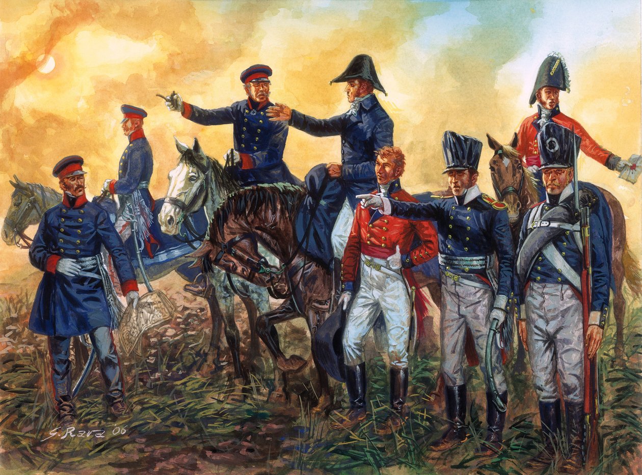 Arthur Wellesley, Duke of Wellington, and Gebhard Leberecht von Blucher at the Battle of Waterloo 18 June 1815 (Illustration by Giuseppe Rava) by Giuseppe Rava