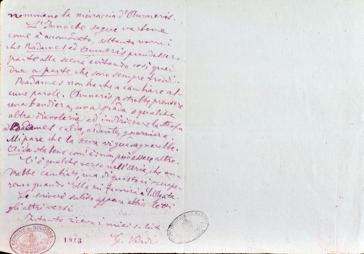 Handwritten letter of Giuseppe Verdi to Aida librettos author Antonio Ghislanzoni by Giuseppe Verdi